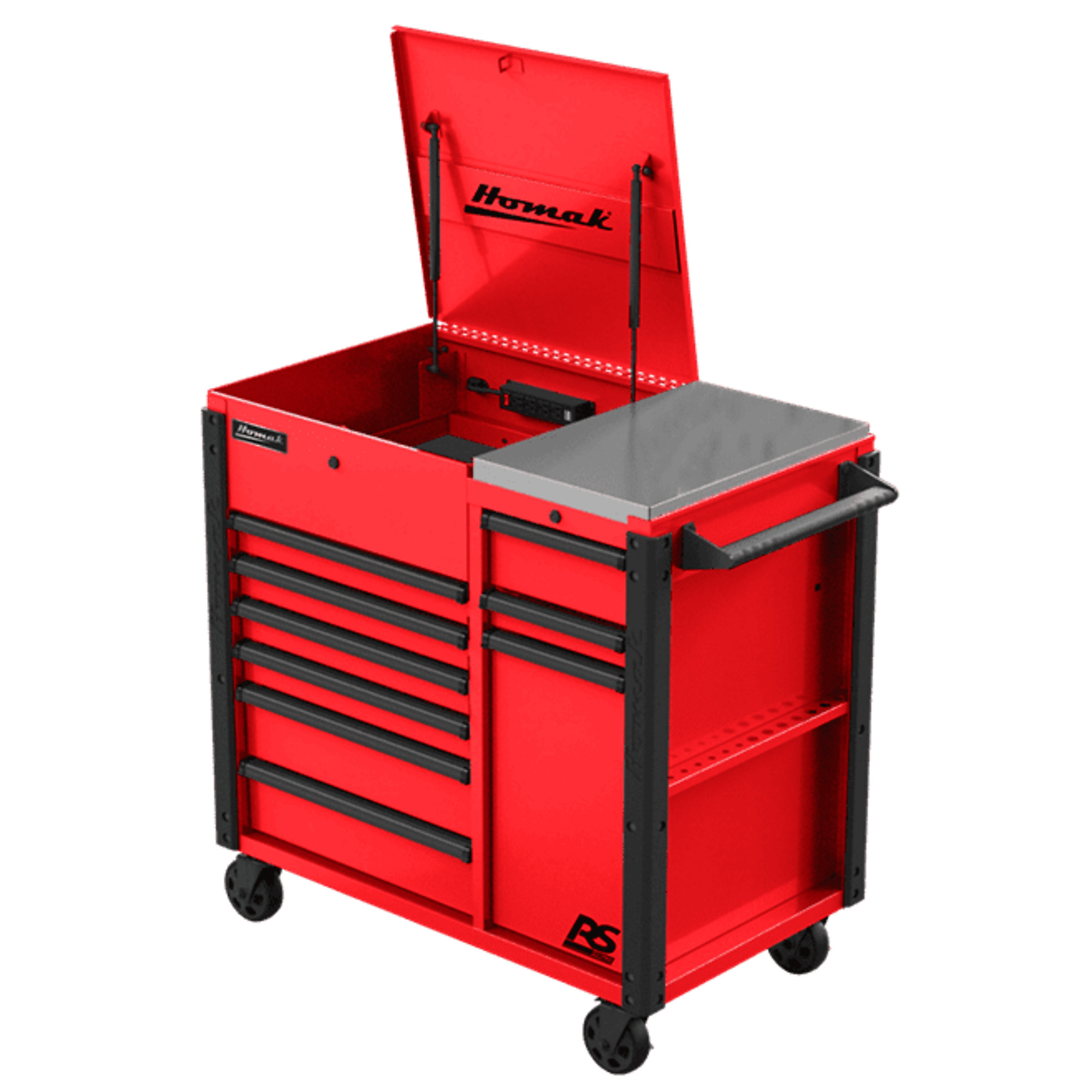 Homak, RS Pro, 44" 9 Drawer Power Service Cart, Red, Heavy-duty 18-gauge steel, Model #RD06044090